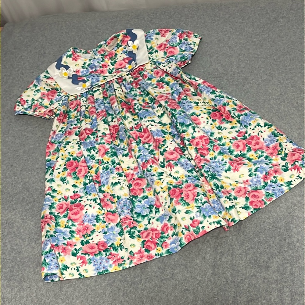 Vintage Rare Editions Floral Dress Girls Size 6X Bib Collar Easter